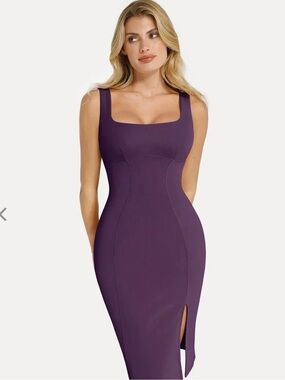 Sculpted Square-Neck Midi Dress in Purple
